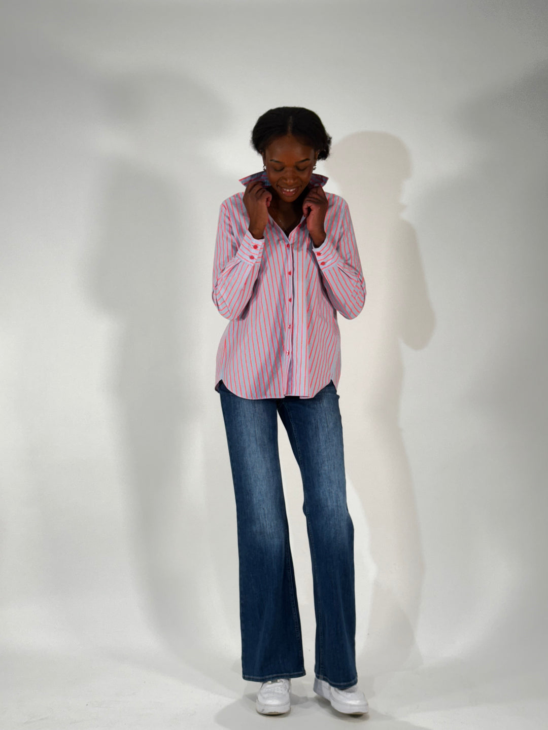 Bluse in Neon Coral Stripe