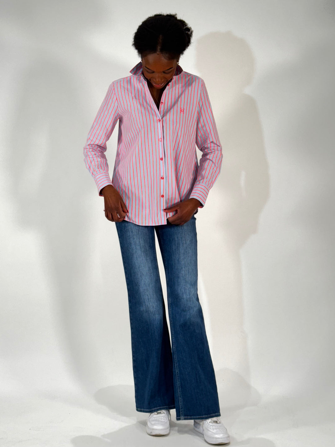 Bluse in Neon Coral Stripe