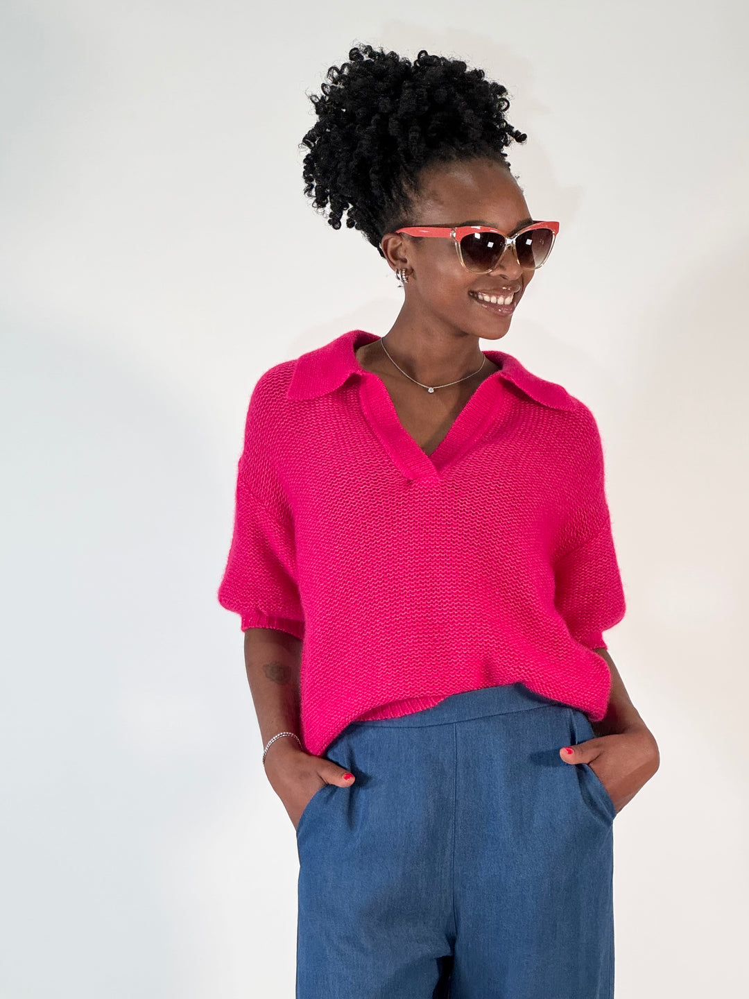 Polo-Pulli mit Cashmere in Fuchsia