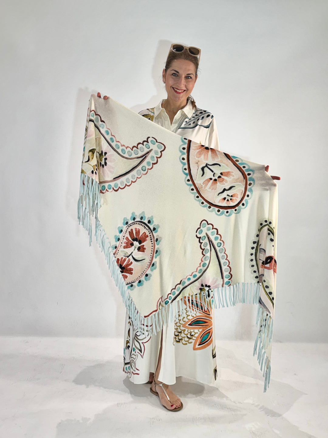 Maxi Hemdblusenkleid in Seide mit dekorativem Print