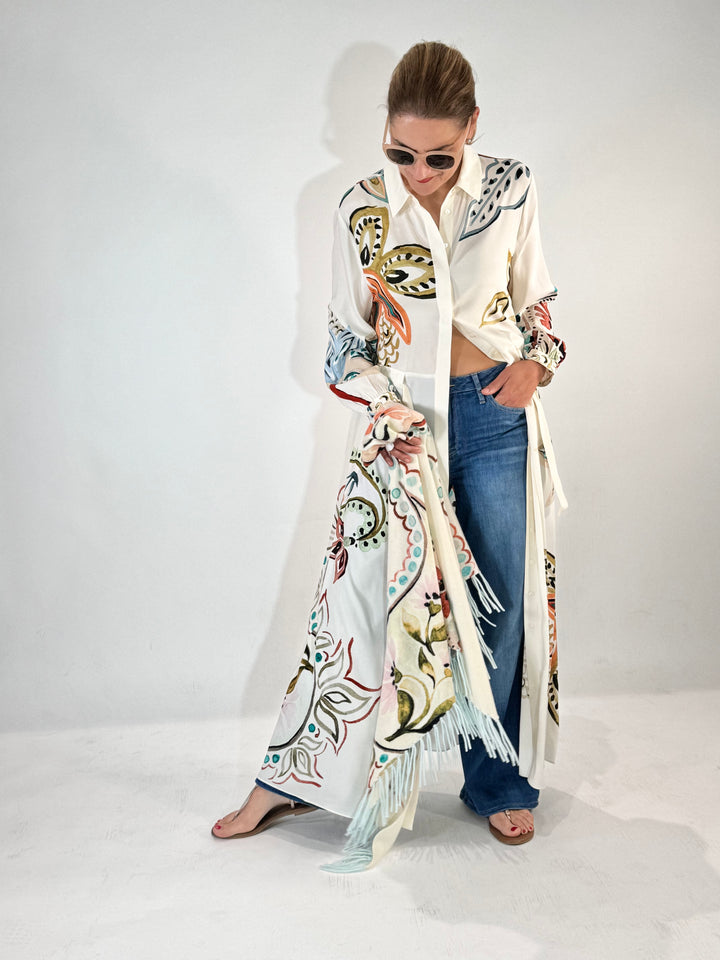 Maxi Hemdblusenkleid in Seide mit dekorativem Print