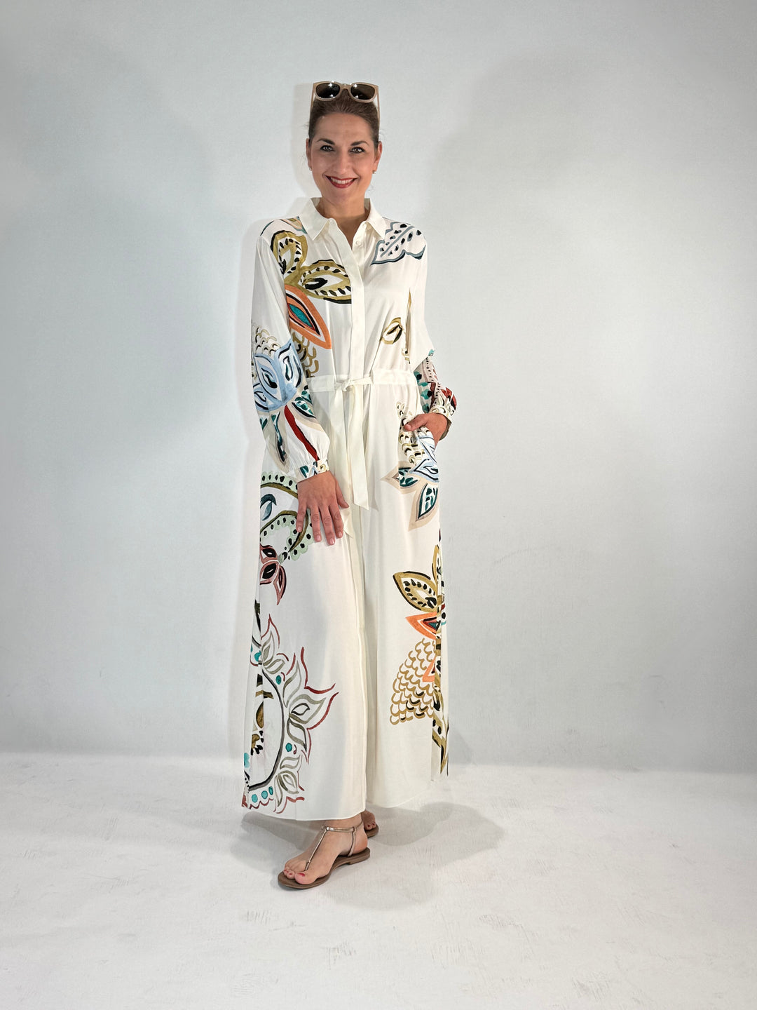 Maxi Hemdblusenkleid in Seide mit dekorativem Print