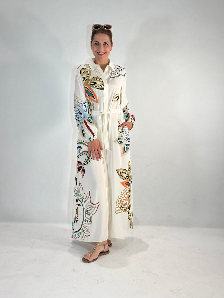 Maxi Hemdblusenkleid in Seide mit dekorativem Print