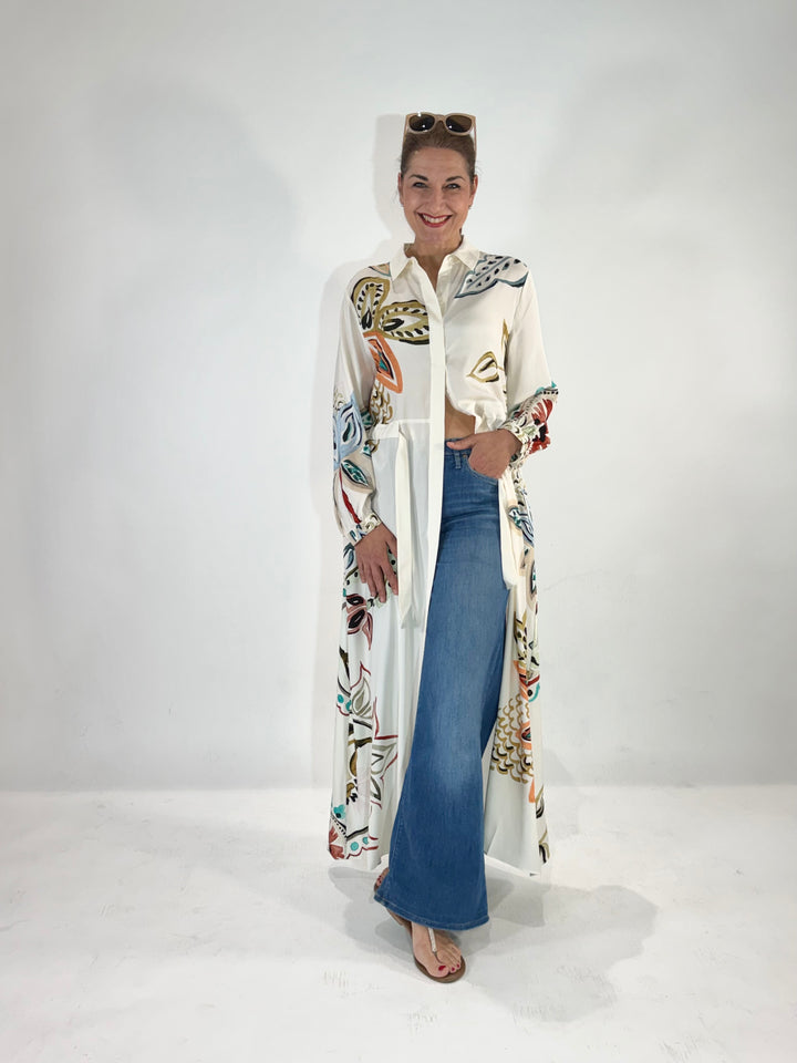 Maxi Hemdblusenkleid in Seide mit dekorativem Print