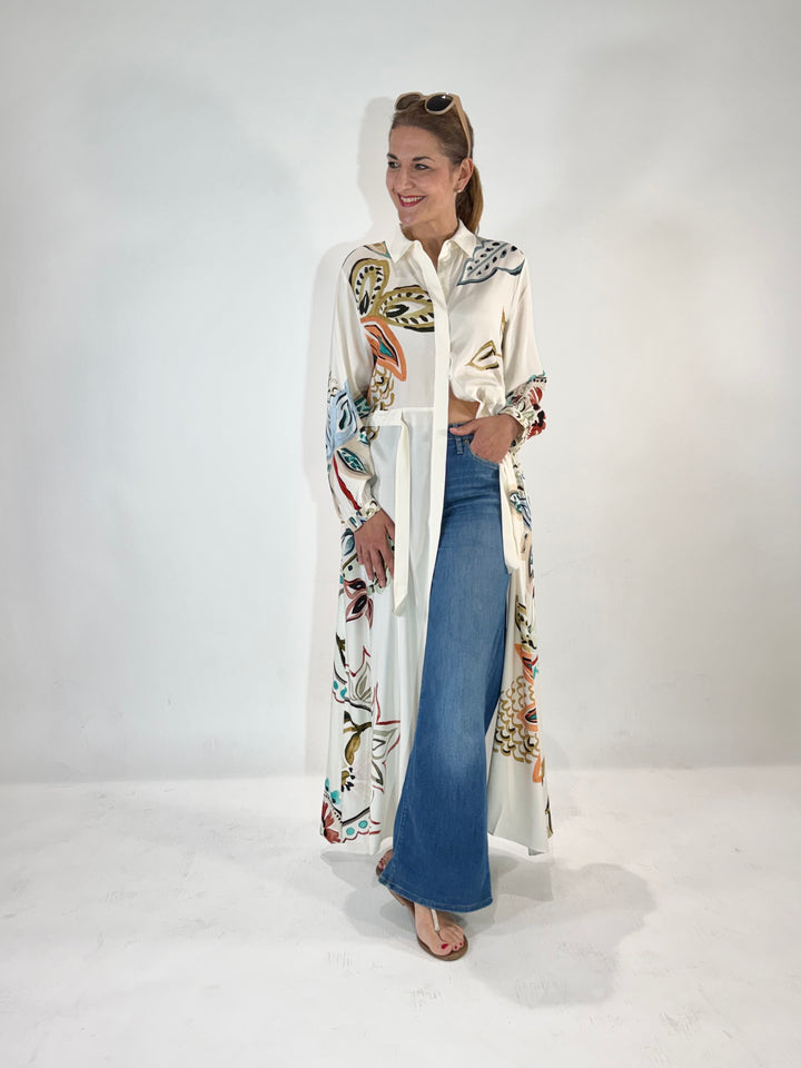 Maxi Hemdblusenkleid in Seide mit dekorativem Print