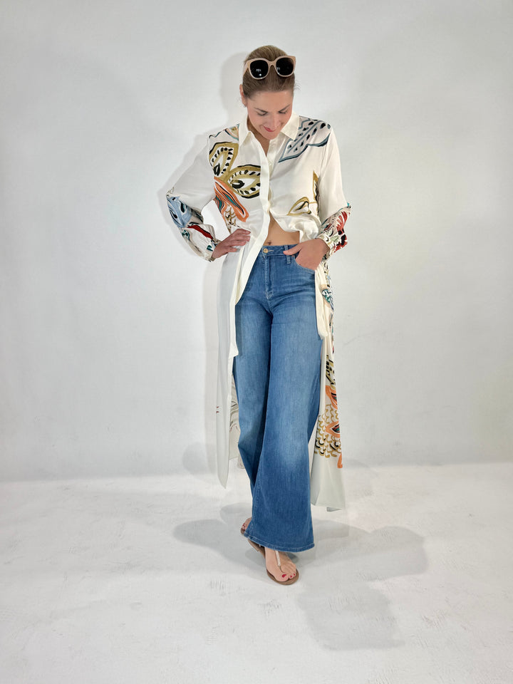 Maxi Hemdblusenkleid in Seide mit dekorativem Print