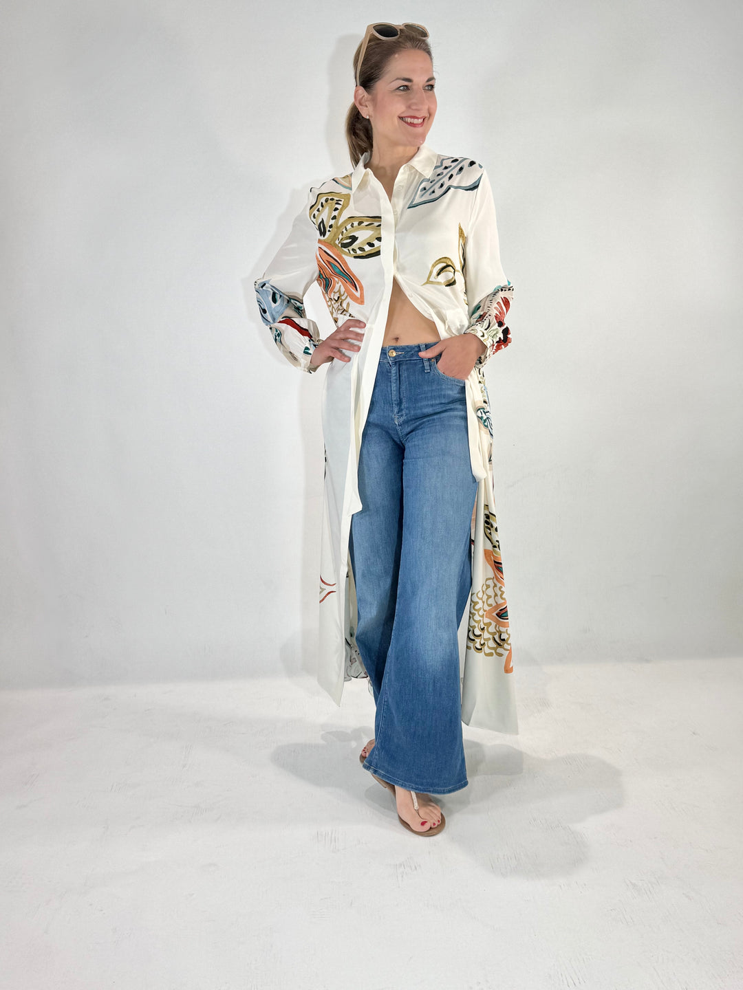 Maxi Hemdblusenkleid in Seide mit dekorativem Print
