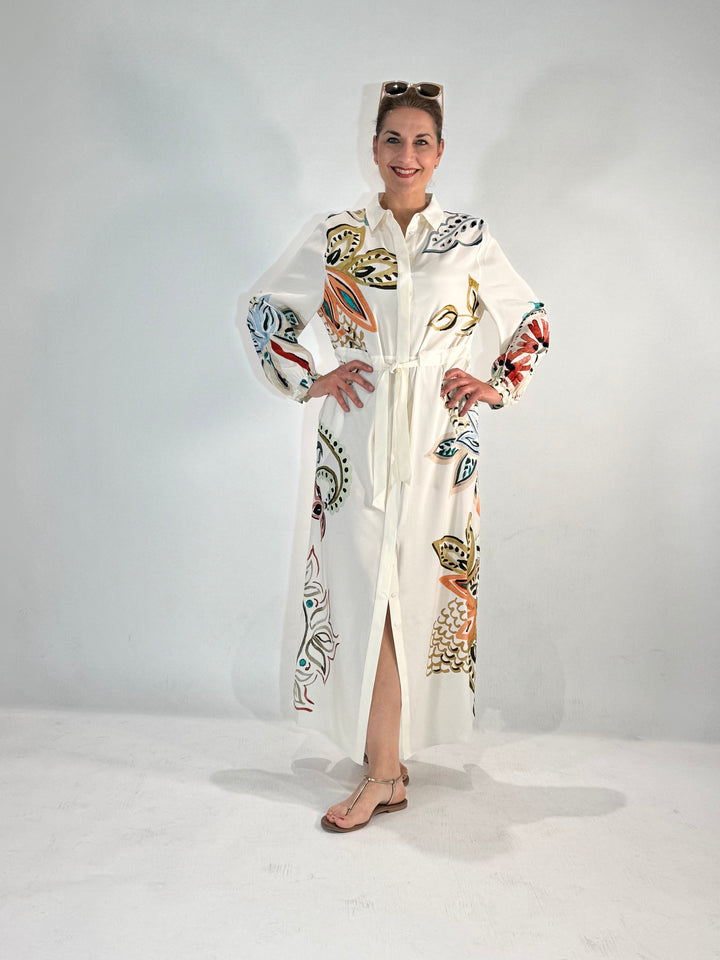Maxi Hemdblusenkleid in Seide mit dekorativem Print