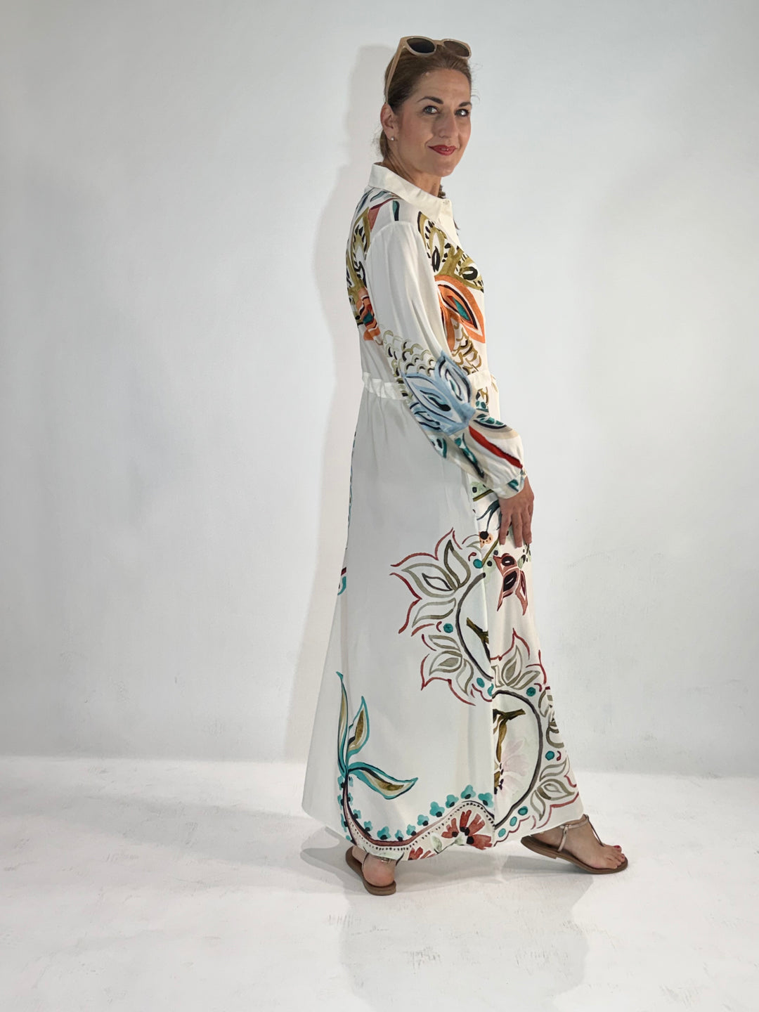 Maxi Hemdblusenkleid in Seide mit dekorativem Print