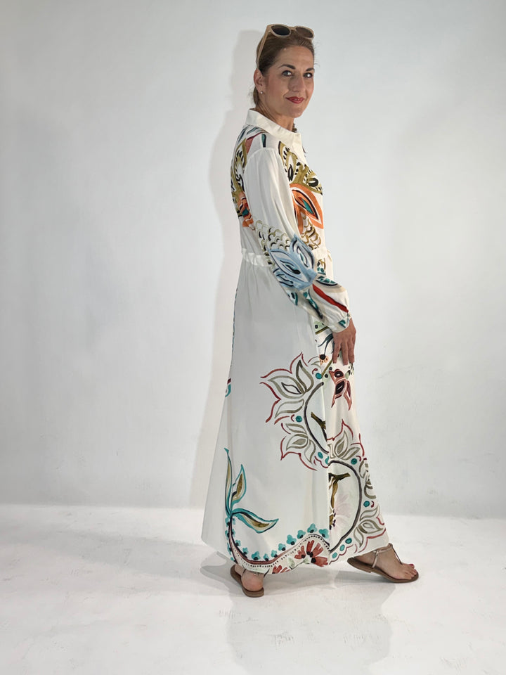 Maxi Hemdblusenkleid in Seide mit dekorativem Print