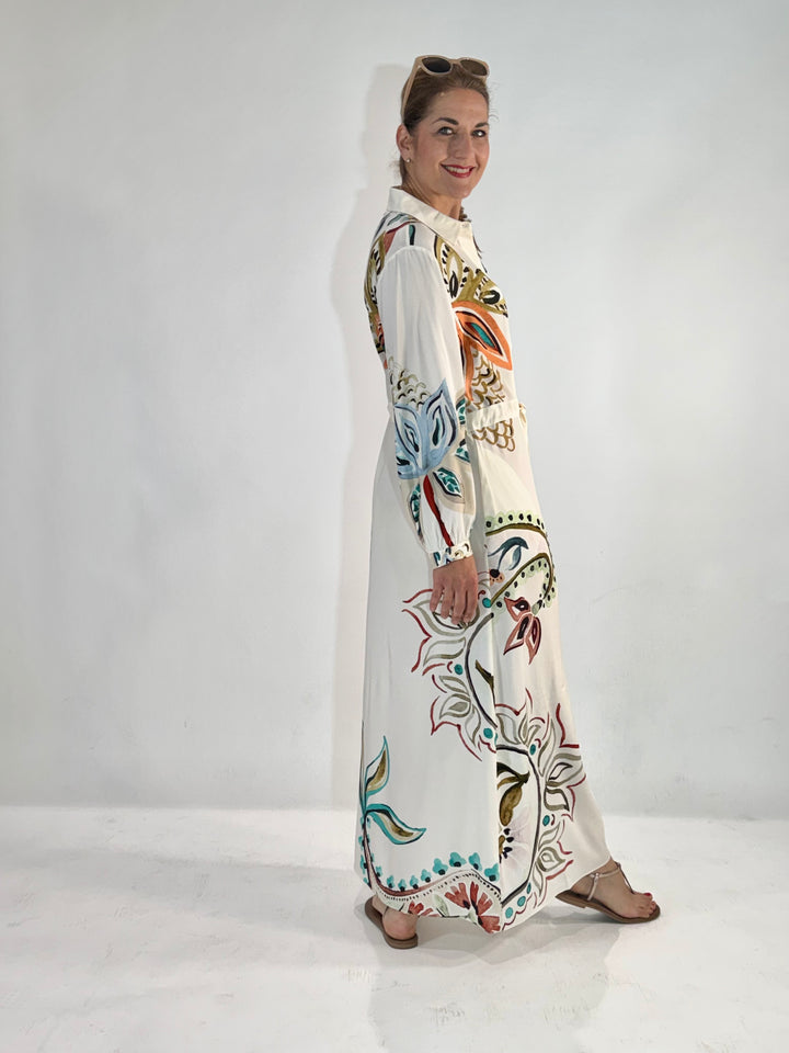 Maxi Hemdblusenkleid in Seide mit dekorativem Print