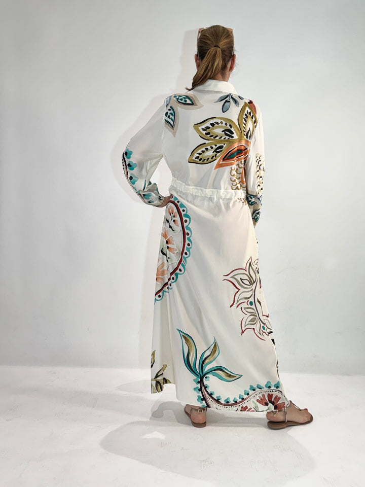 Maxi Hemdblusenkleid in Seide mit dekorativem Print