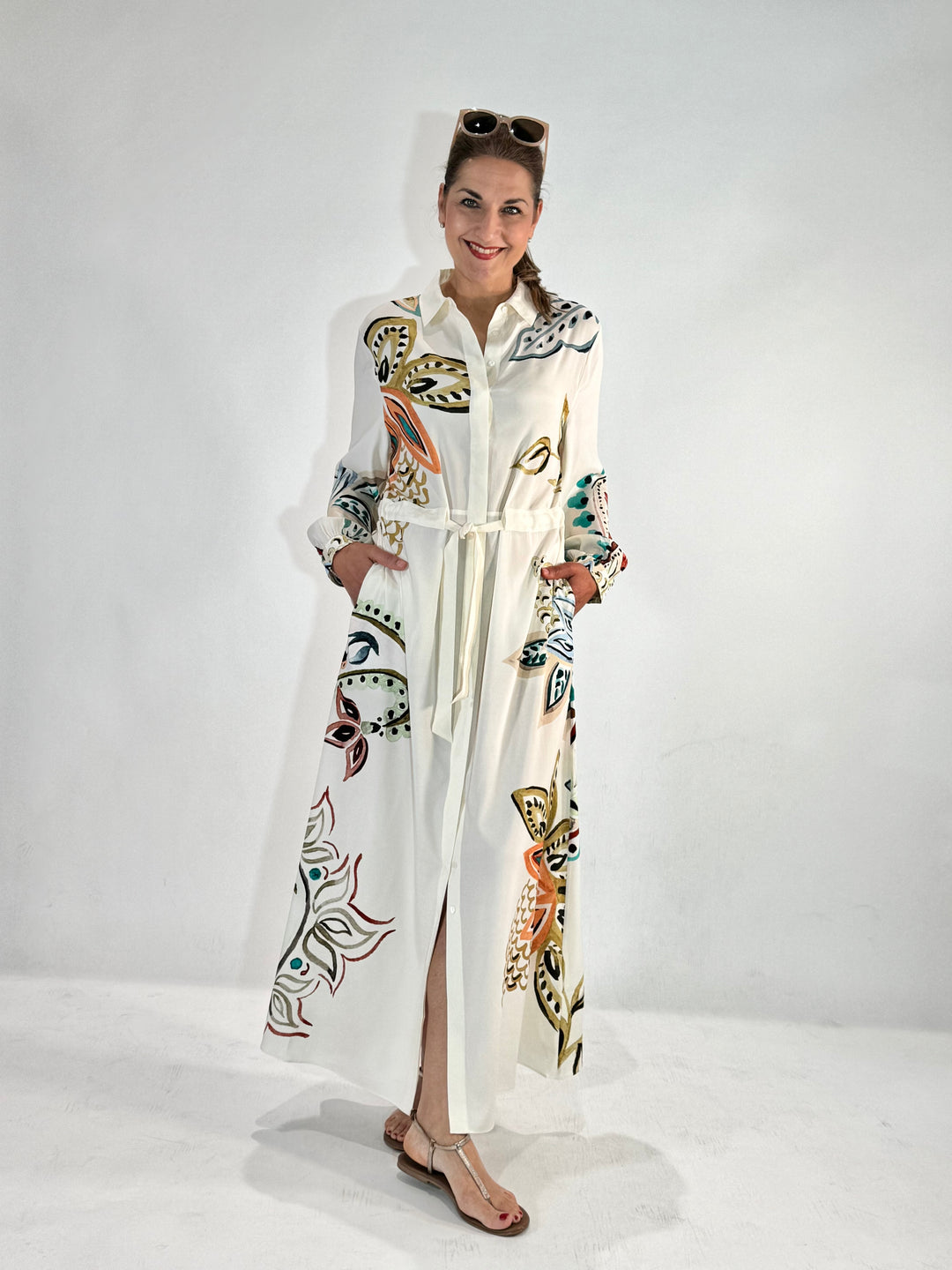 Maxi Hemdblusenkleid in Seide mit dekorativem Print