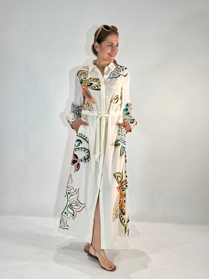 Maxi Hemdblusenkleid in Seide mit dekorativem Print