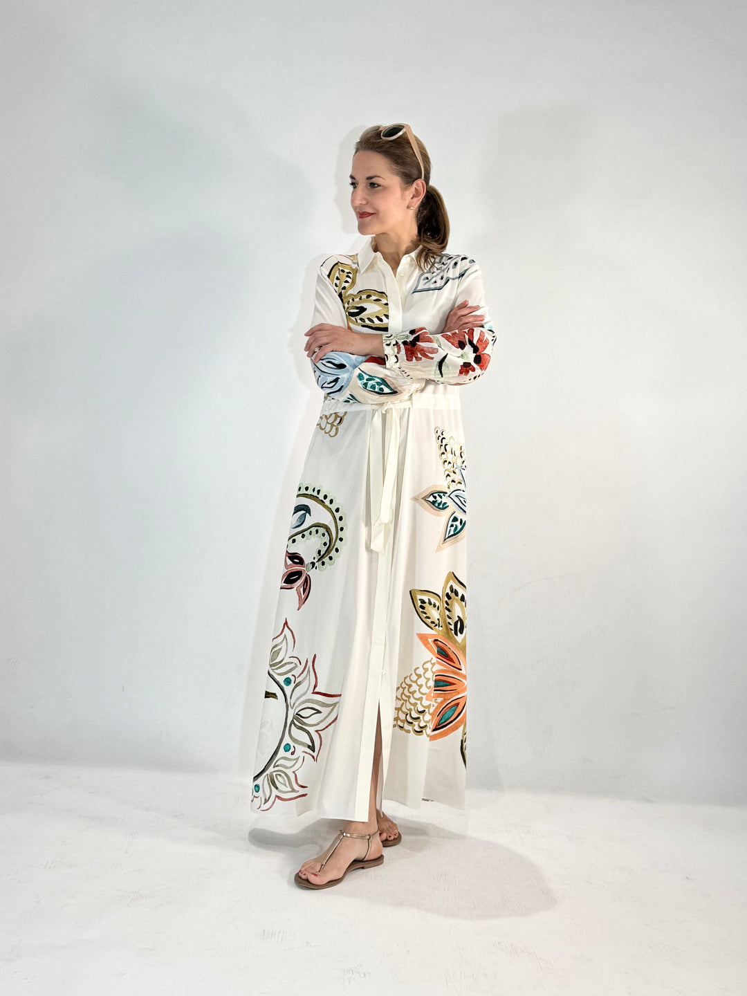 Maxi Hemdblusenkleid in Seide mit dekorativem Print