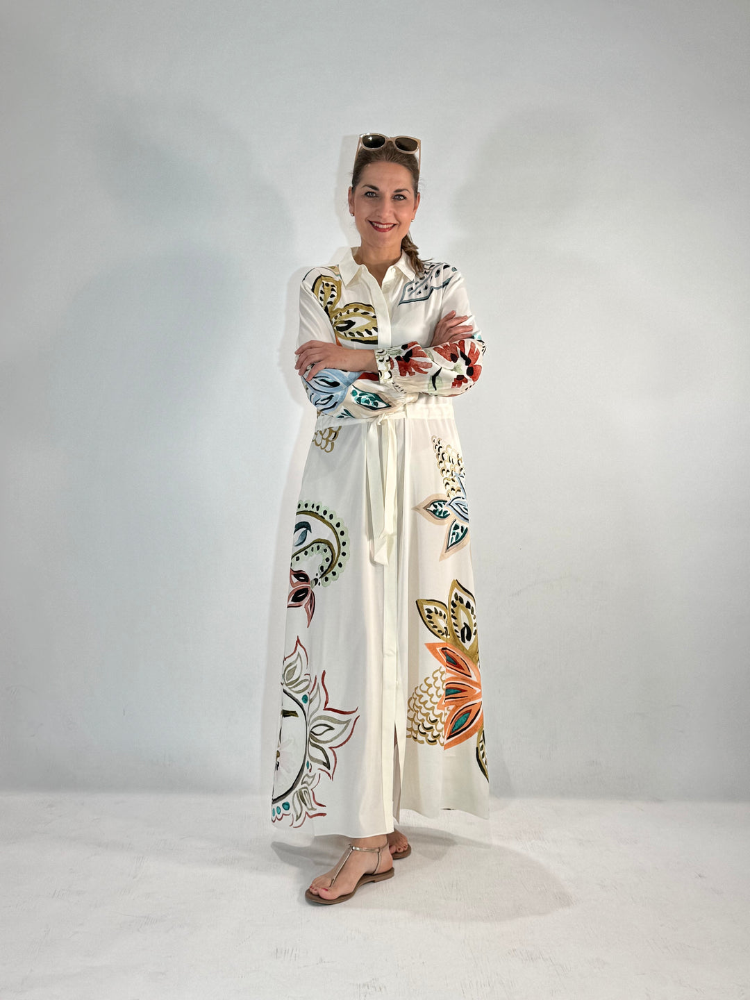 Maxi Hemdblusenkleid in Seide mit dekorativem Print