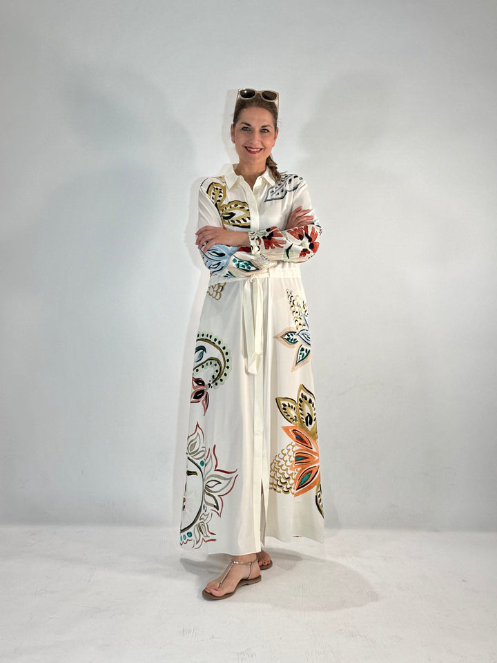 Maxi Hemdblusenkleid in Seide mit dekorativem Print