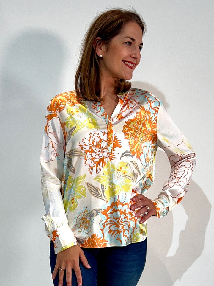 V-Seidenbluse im Blumenprint