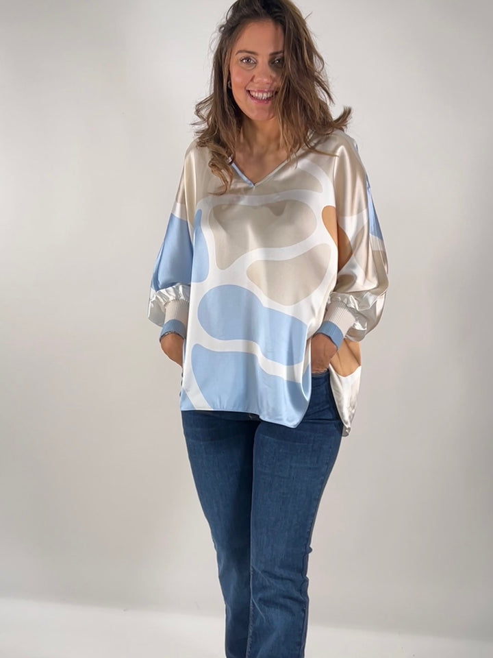 V-Bluse Oversize Multicolor mit Strickbündchen