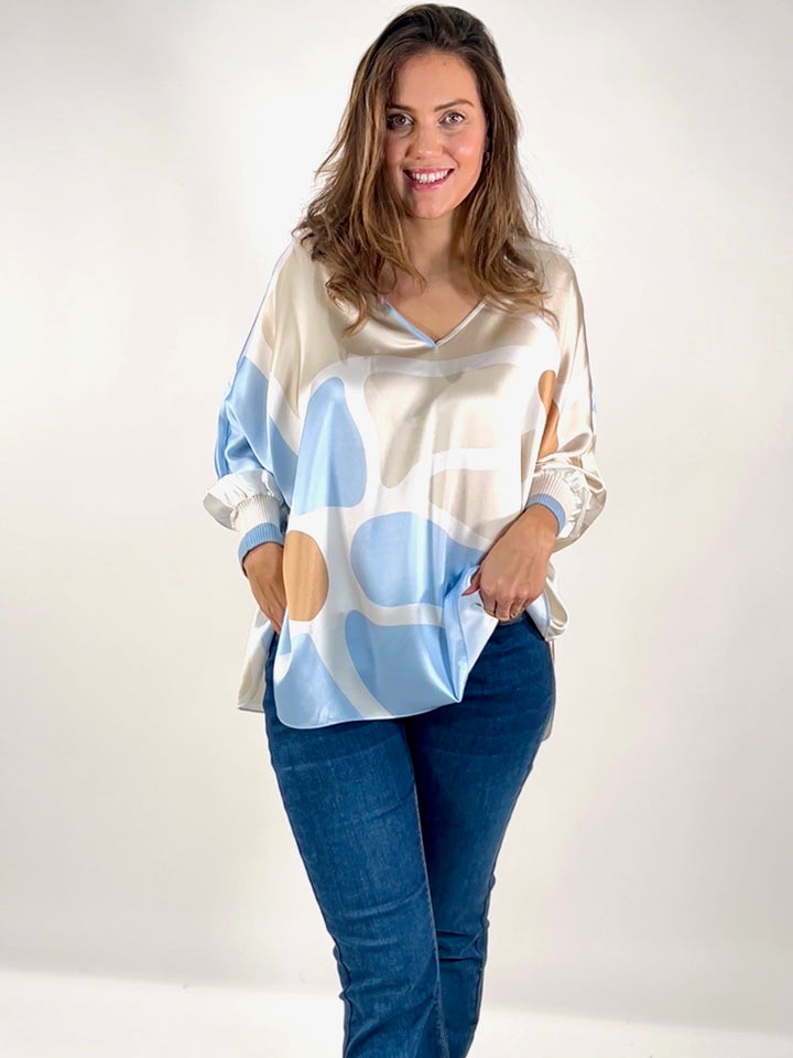 V-Bluse Oversize Multicolor mit Strickbündchen