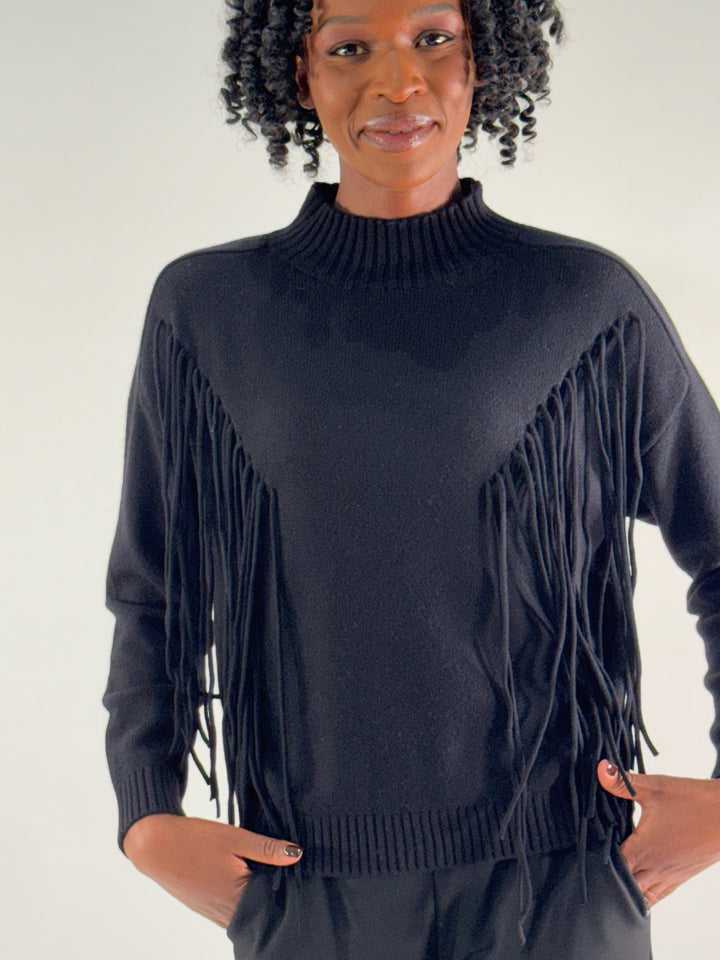 Stehkragen-Pulli mit Fransendetails