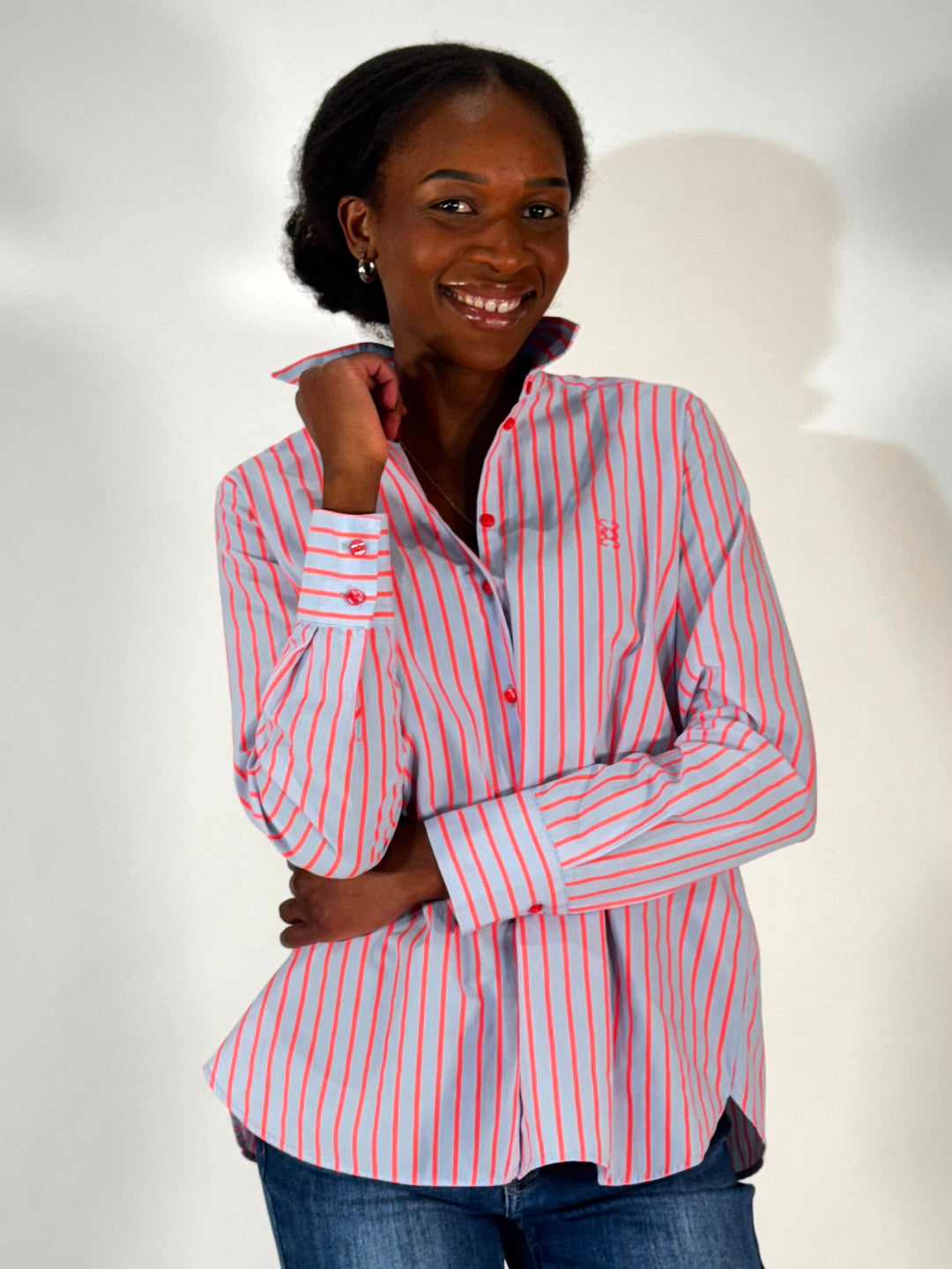 Bluse in Neon Coral Stripe