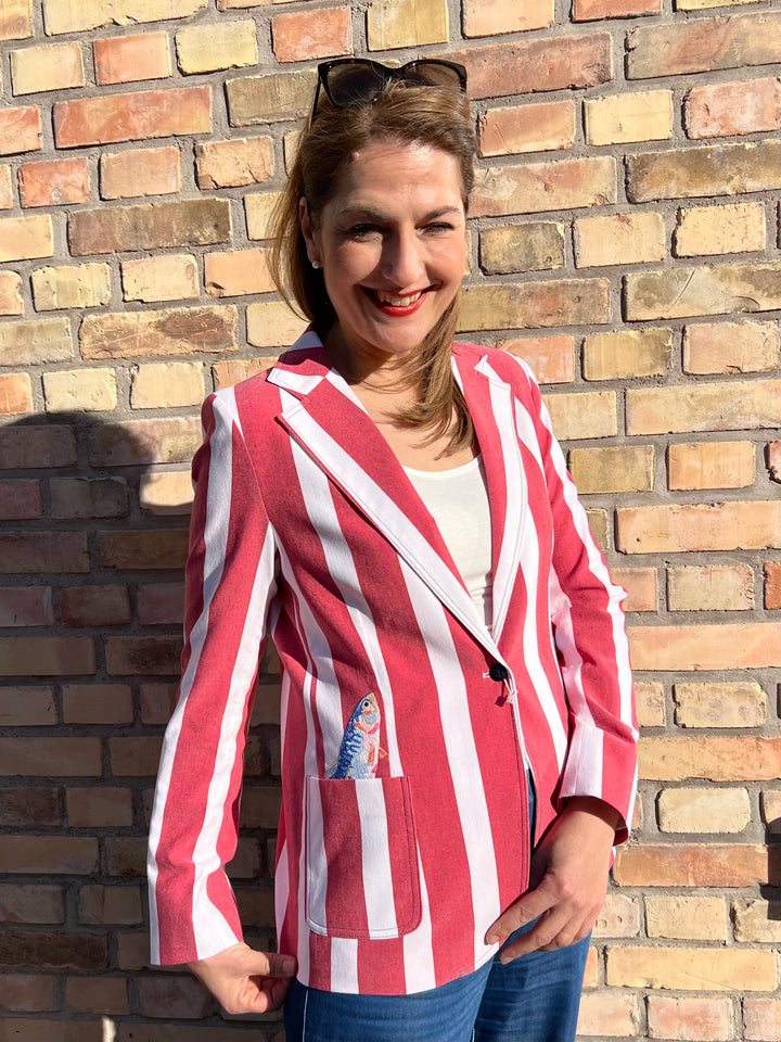 Blazer Gestreift mit Fisch-Stickerei