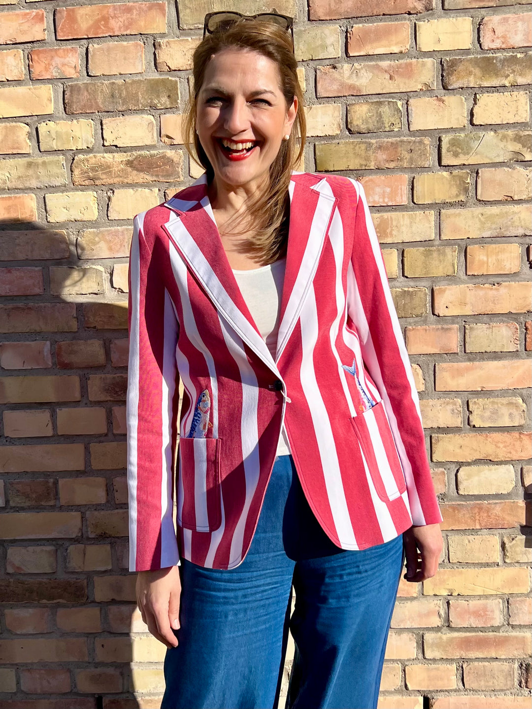 Blazer Gestreift mit Fisch-Stickerei