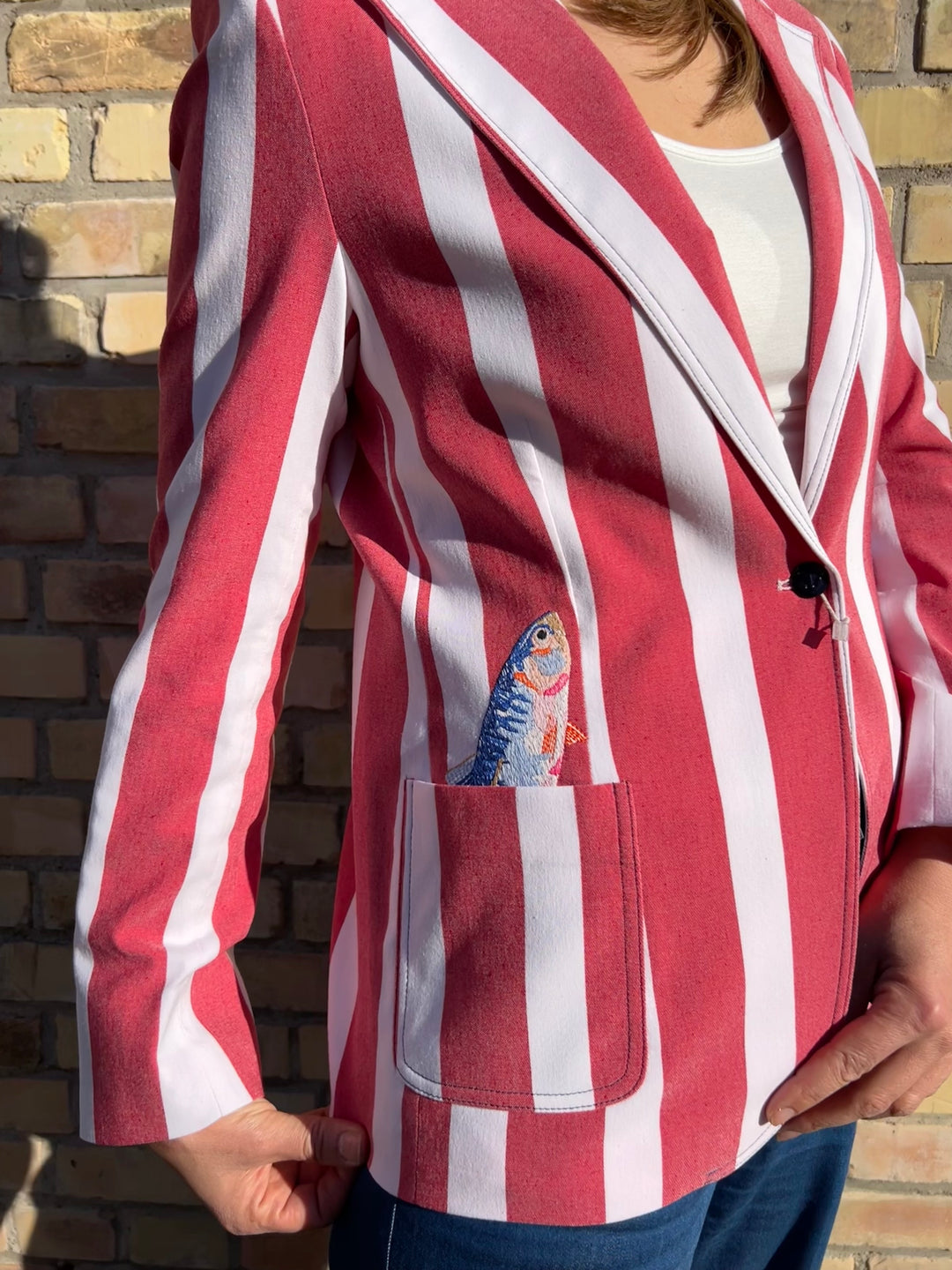 Blazer Gestreift mit Fisch-Stickerei