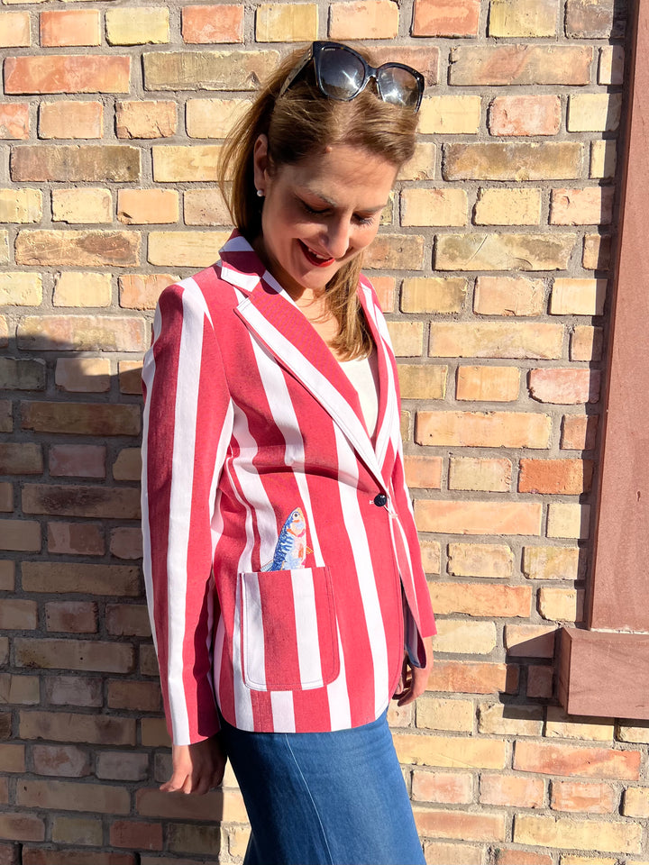 Blazer Gestreift mit Fisch-Stickerei