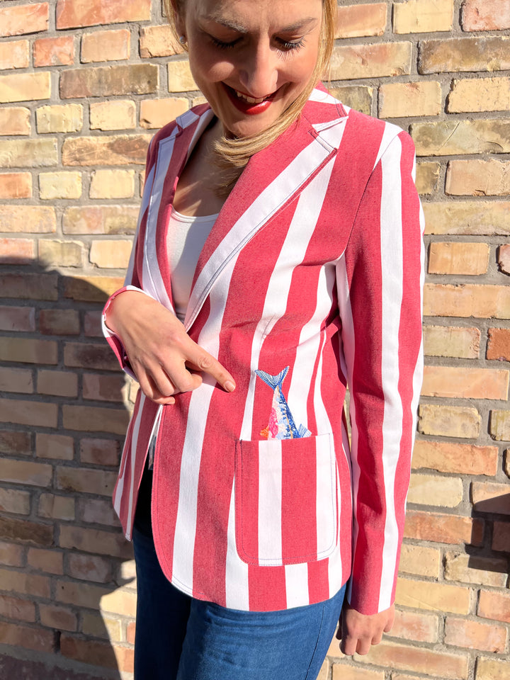 Blazer Gestreift mit Fisch-Stickerei