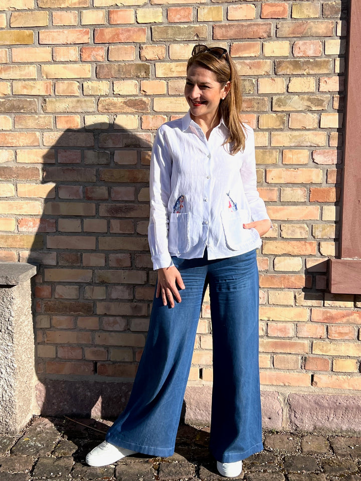 Leinenbluse mit Stickerein im Fish-Design